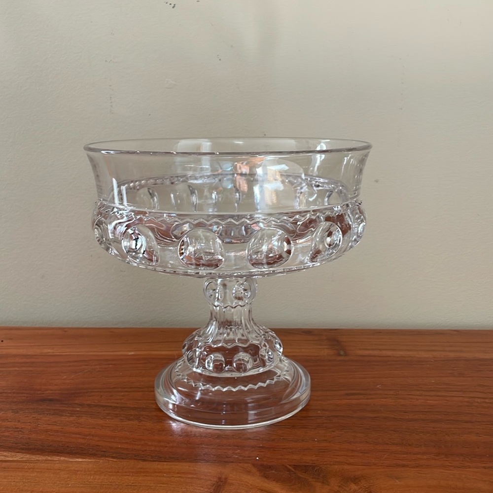 Vintage MCM 1960s compote Indiana glass kings thumbprint clear